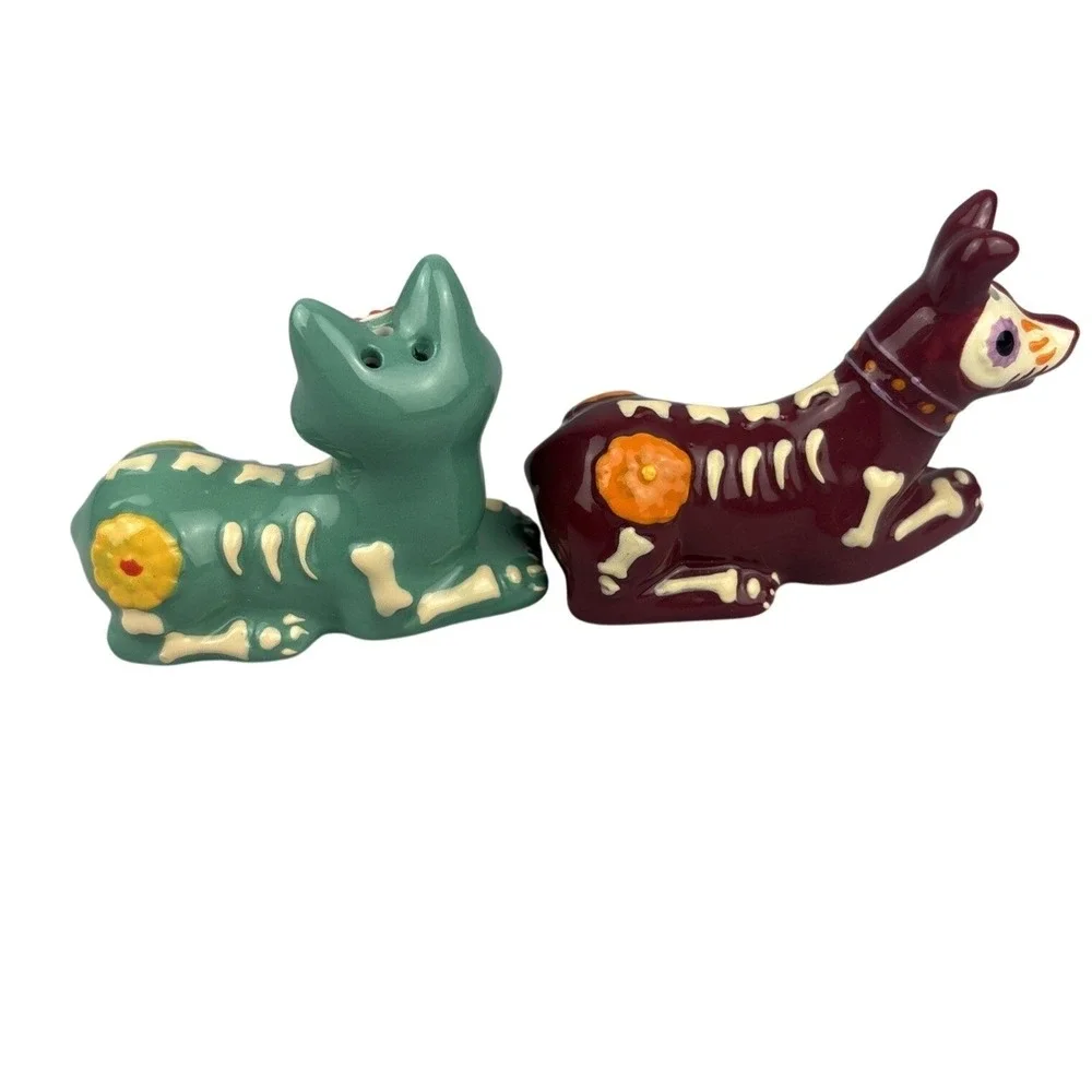 Day Of The The Dead Skull Cat Skull Dog Salt & Pepper Ceramic Dia De Los Muertos